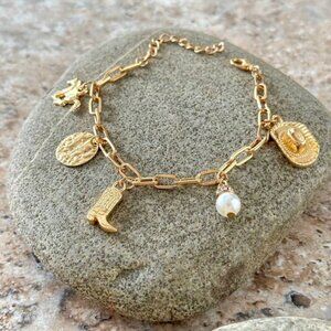 Cowgirl charm bracelet nashville western cowboy hat boots gold chain
